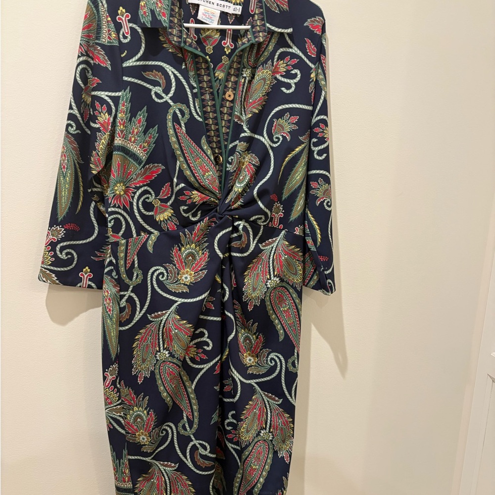 Gretchen Scott Designs Blue and Gold Notched Collar Dress